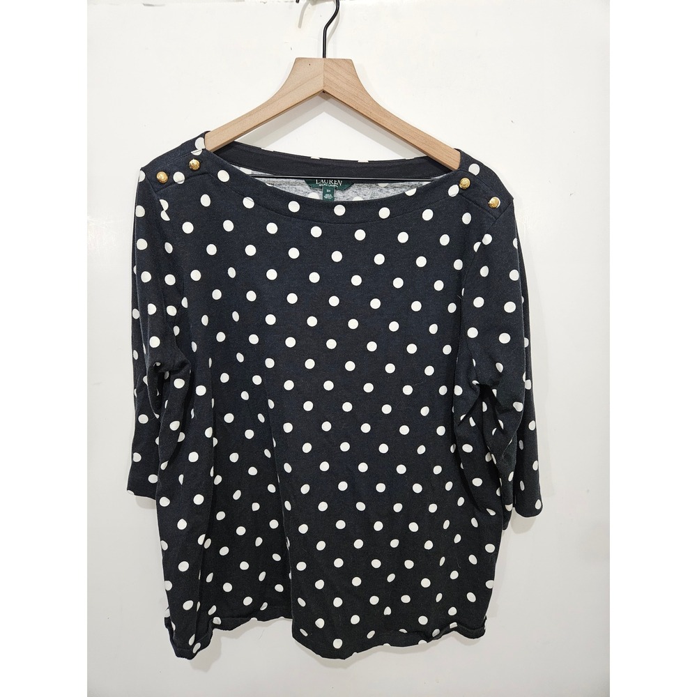 Lauren Ralph Lauren 3X Black White Polka Dot Gold Button Top Preppy Nautical